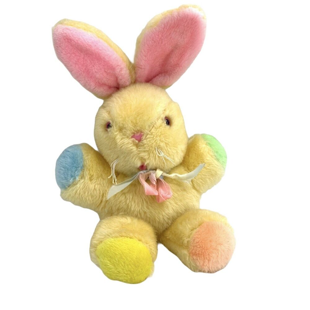 Commonwealth Yellow & Multicolor Bunny Plush Vintage Felt Tongue Pink Eyes 12"